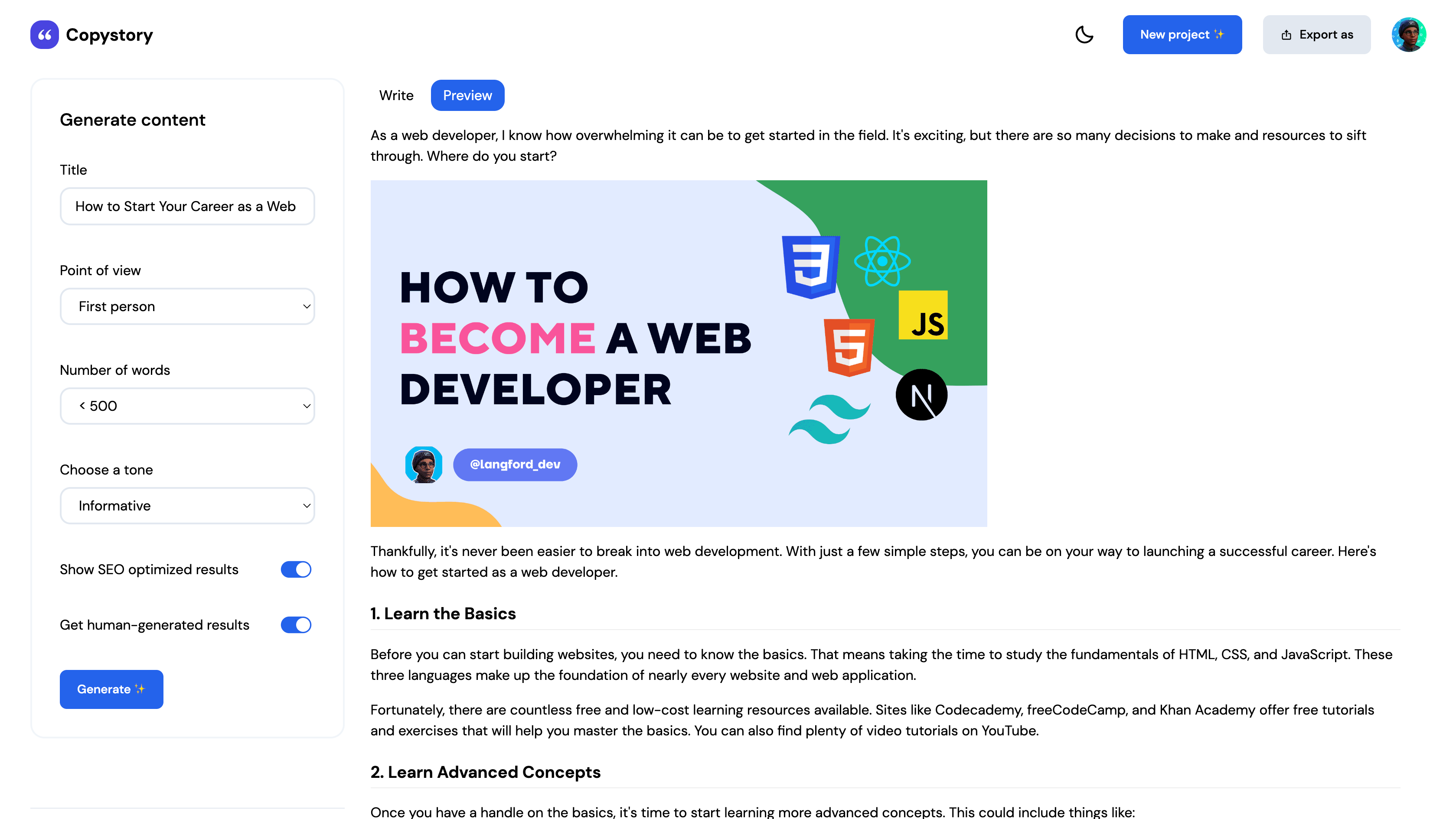 screenshot of the copystory dashboard