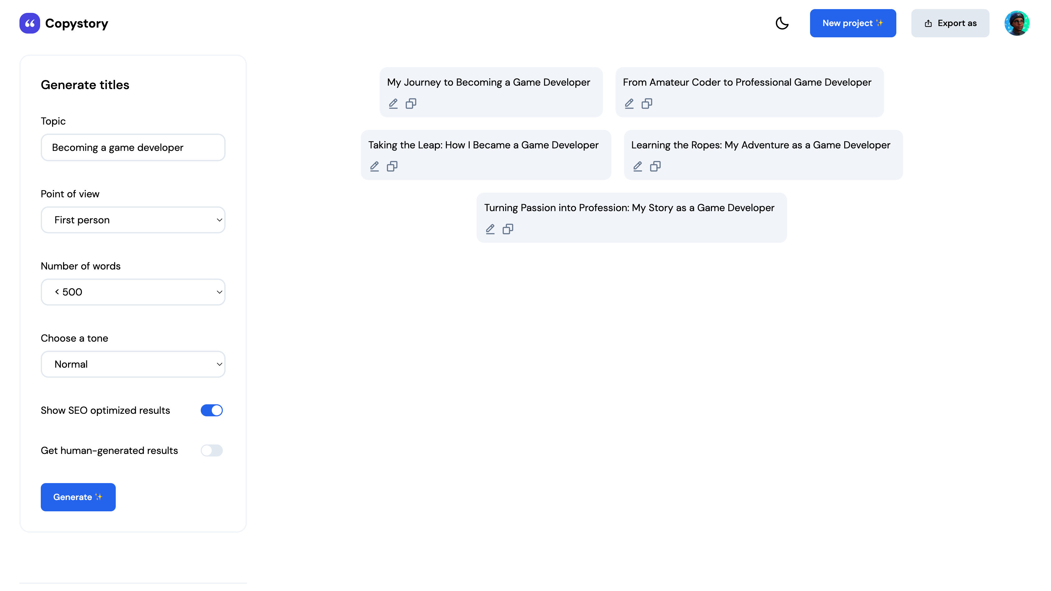 screenshot of the copystory dashboard